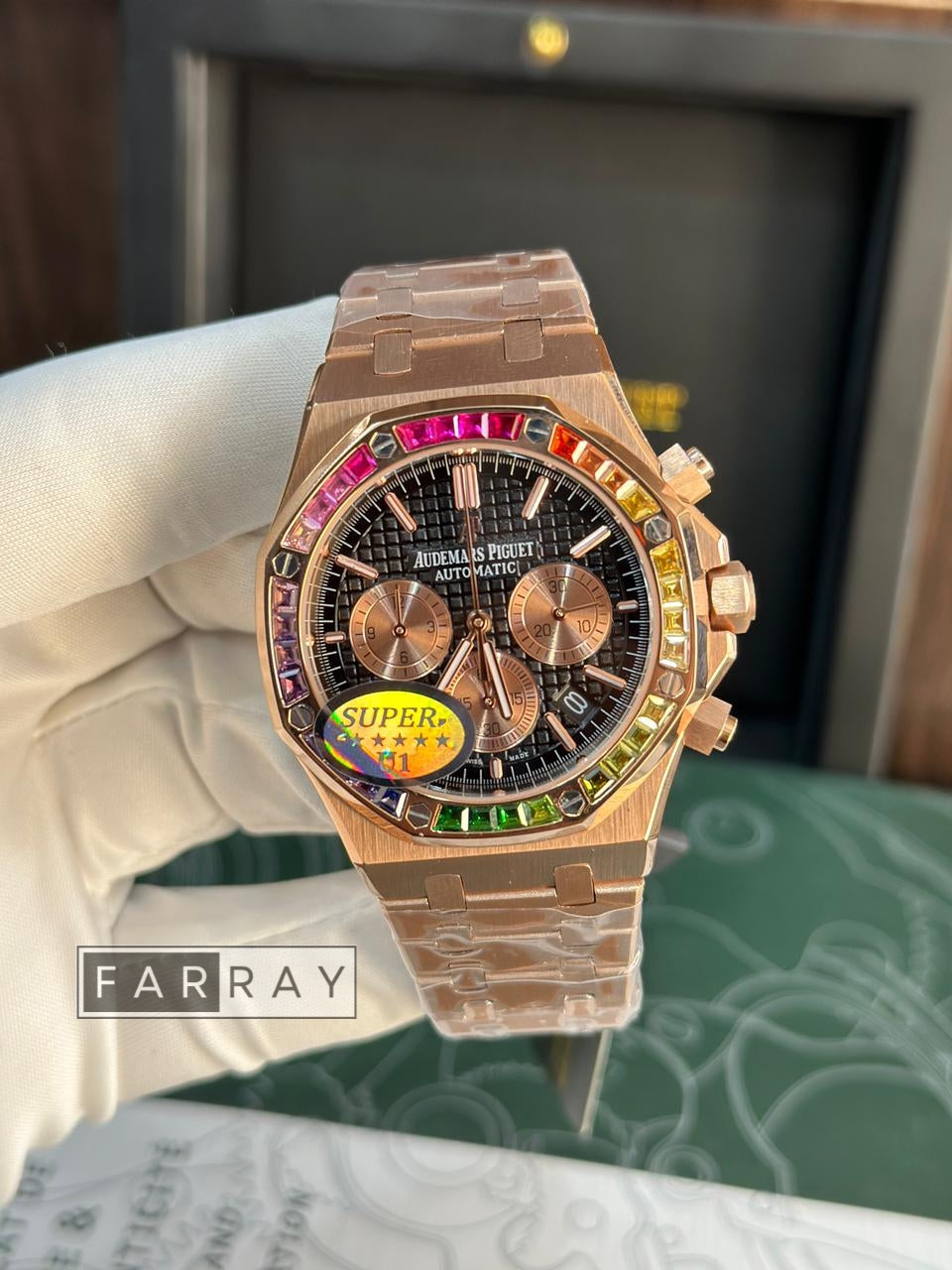 Automatic Audemers Piguet Rainbow Stones Rose Gold Black
