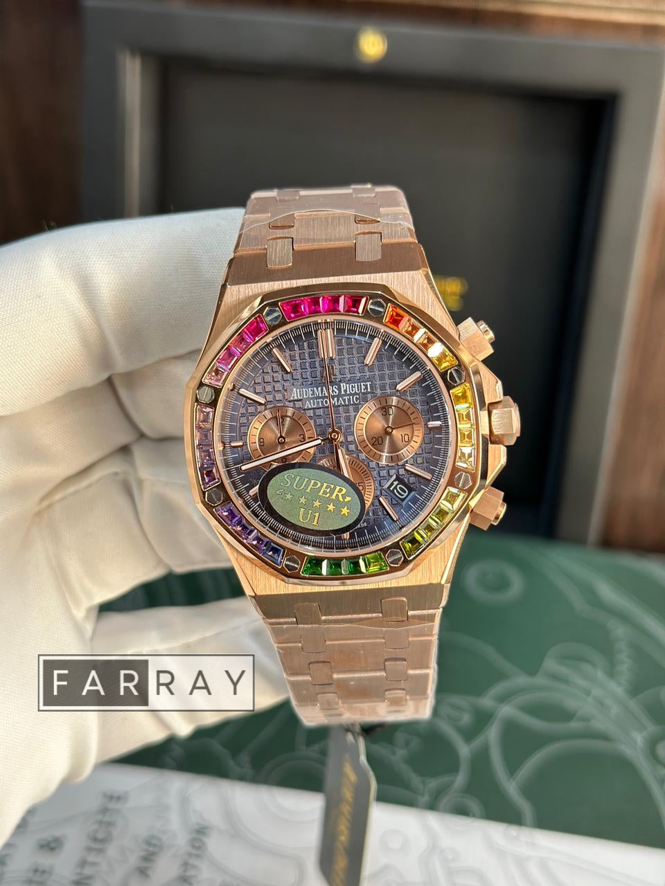 Automatic Audemers Piguet Rainbow Stones Rose Gold Blue