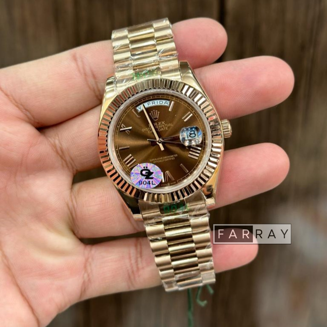 Automatic Roman Day Date Watch Rose Gold Brown