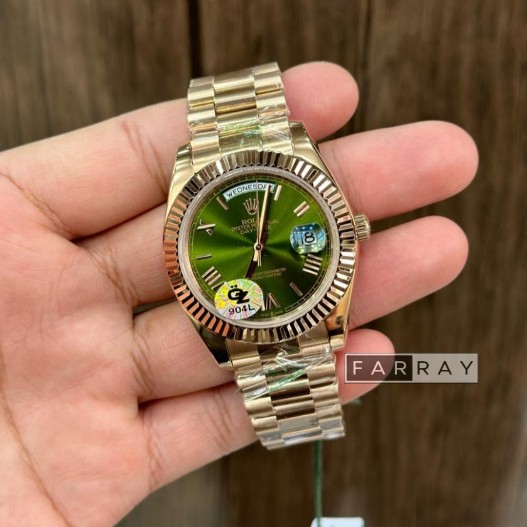Automatic Roman Day Date Watch Rose Gold Green