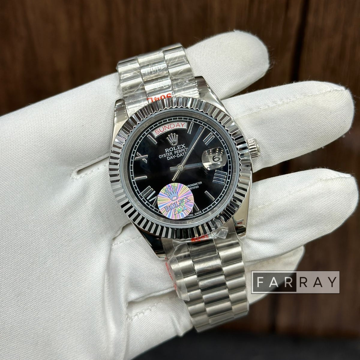 Automatic Roman Day Date Watch Silver Black