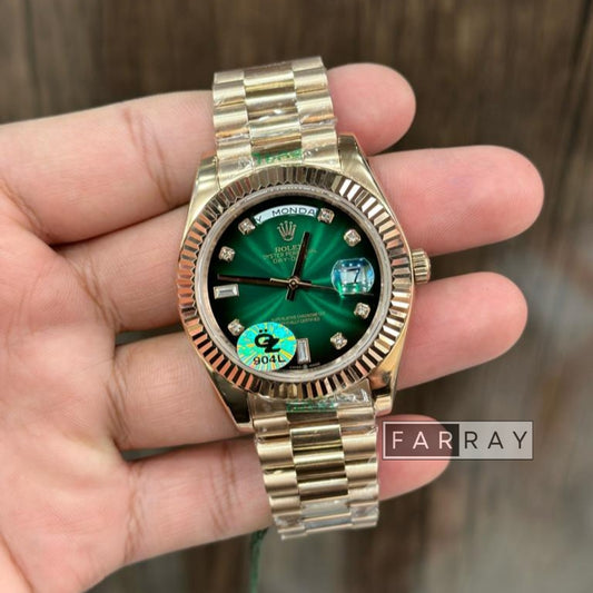 Automatic Stone Day Date Watch Rose Gold Green