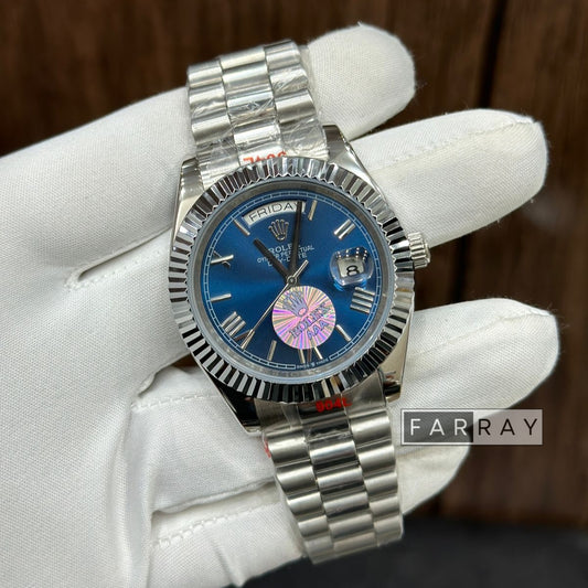 Automatic Roman Day Date Watch Silver Blue