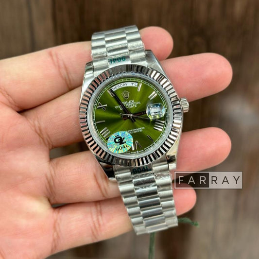 Automatic Roman Day Date Watch Silver Green